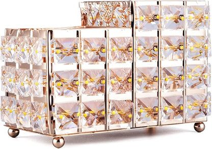 K COOL Crystal Makeup Brush Holder 2 Slot Hexagon Cosmetics Brush Eyeliner Display Cup Home Decorative Makeup Organizer Tabletop Candle Pen Pencil Holder for Office Hotel Dresser Bathroom-Gold