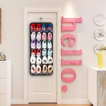 PACMAXI Over The Door Shoes Organizer for 12 Pairs of Baby Shoes Boys Girl, Hanging Baby Sole Shoe Organizer with Hanger(Felt Material-Black)