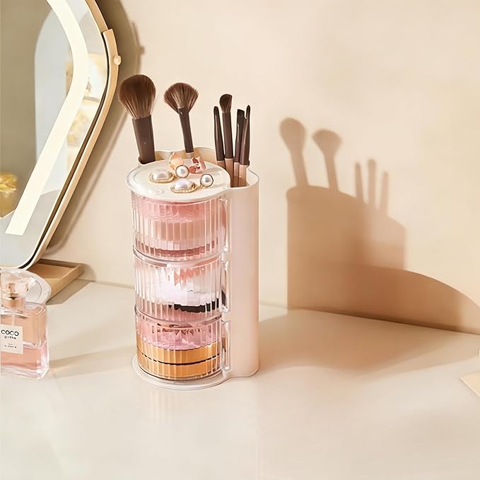 Hair Accessories Organizer with Hair Brush Holder, Rotatable Makeup Brush Holder for Necklaces, Earring, Bracelet, Ring, Makeup Brushes, Hair Clip and Hair Accessories (Stripe White, 3-Layer)