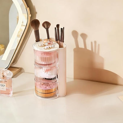 Hair Accessories Organizer with Hair Brush Holder, Rotatable Makeup Brush Holder for Necklaces, Earring, Bracelet, Ring, Makeup Brushes, Hair Clip and Hair Accessories (Stripe White, 3-Layer)