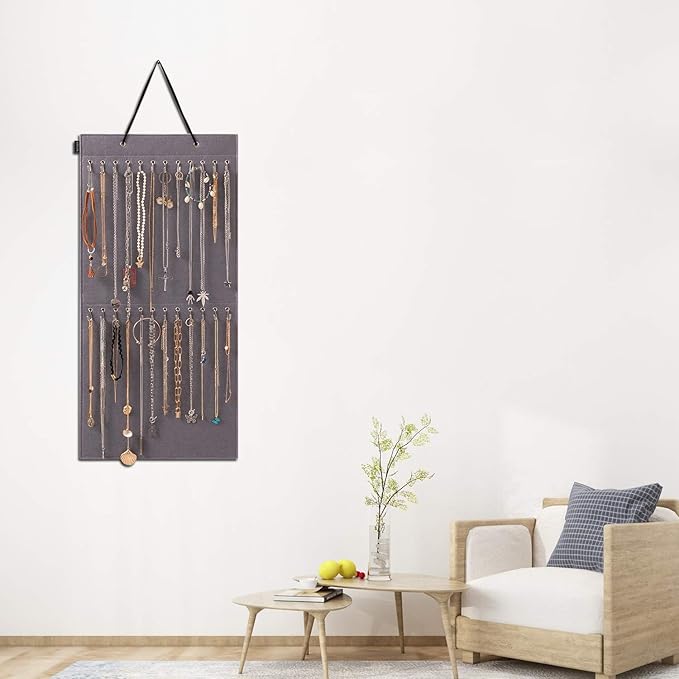Hanging Jewelry Organizer Storage with 24 Hooks Wall Mounted Jewelry Display Hanging on Door Closet Necklace Holder for Bracelet Ring Chain-Patent Design(Gray)