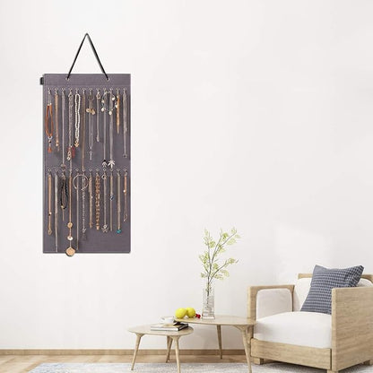 Hanging Jewelry Organizer Storage with 24 Hooks Wall Mounted Jewelry Display Hanging on Door Closet Necklace Holder for Bracelet Ring Chain-Patent Design(Gray)
