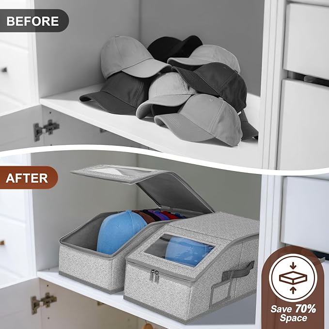 ‌Portable Hat Storage Box Organizer | Large Capacity Foldable Cap Holder with Clear Window | Space-Saving Closet Accessory for Baseball Caps, Beanies & Sun Hats‌ (2 Pack)