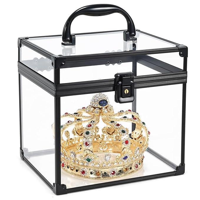 Costravio Clear Makeup Case Crown Box Toiletry Organizer Case Transparent Train Case with Latches Travel Artists Display Case for Vanity Bathroom Counter Dresser Craft Toys Case Makeup Tools Box