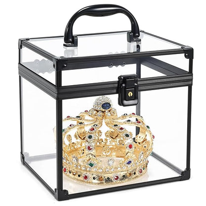 Costravio Clear Makeup Case Crown Box Toiletry Organizer Case Transparent Train Case with Latches Travel Artists Display Case for Vanity Bathroom Counter Dresser Craft Toys Case Makeup Tools Box
