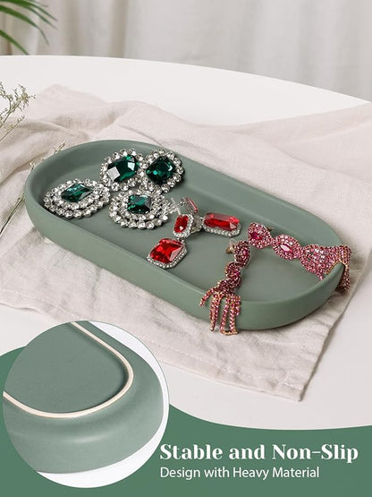 INGOFIN 7" Ceramic Bathroom Vanity Tray Set- 2 Pcs Bathroom Organizer Countertop Tray for Perfume, Jewelry, Small Kitchen Counter Soap Tray, Decorative for Bathroom Vanity and Toilet Tank, Green