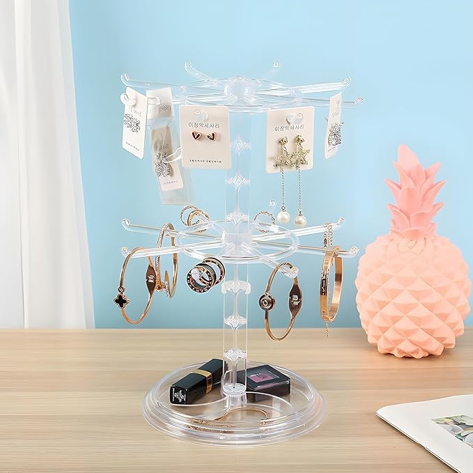 Rotating Jewelry Stand, 2 Tier Necklace Holder Bracelet Hanging Organizer Keychain Jewelry Display Stand Plastic Jewelry Rack for Malls Counter Dressing Table (Clear)
