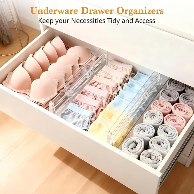 8 Pack Clear Drawer Dividers for Clothes, 4" High 10.6"–16.9" Adjustable Expandable Dresser Drawer Organizer, Dresser Separators for Baby Clothing, Underwear, Sock, Cosmetic, Kitchen, Office Storage