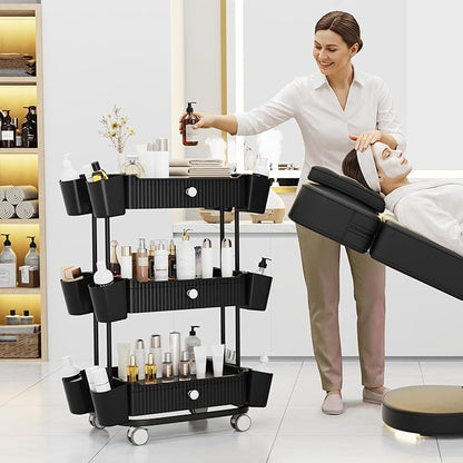 3 Tier Drawer Beauty Cart with 12 Movable Storage Organizer, Thickened ABS & 360° Wheels for Salon Station for Hair Stylist, Beauty Salon, Spa Massage Parlor, Makeup Organizer and More - Black