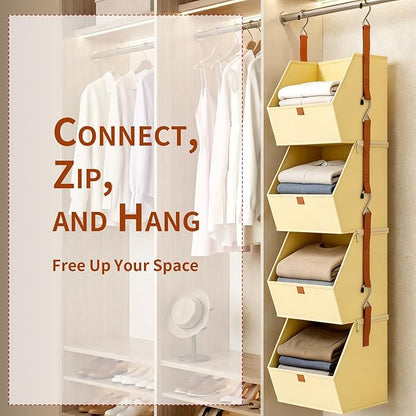 Hanging Closet Organizer 4 Tier 2 Pack with 8 Detachable Bins, Clothes Hanging Shelves, Space-Saving Collapsible Closet Storage System for Bedroom, Dorm, RV, Beige