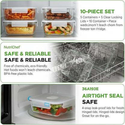 NutriChef 10-Piece Superior Glass Food Storage Containers Set (5 Containers + 5 Locking Lids),Stackable Meal-prep Design, BPA-free Airtight Clear Locking lids with Vent Lids & Air Hole, NCCLX5