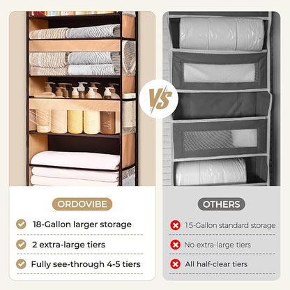 5 Tiers Over Door Organizer with 10 Mesh Side Pockets, 44 lbs Weight Capacity Hanging Storage Organizer with Clear Window Kids Toys, Shoes, Diapers, Brown