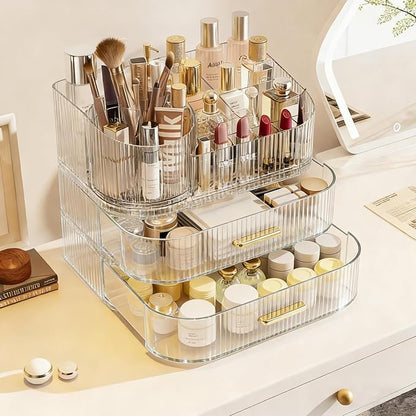 Makeup Organizer with 360 Rotating Brush Holder and Stackable Drawers, Cosmetic Display Case for Vanity, Bathroom Countertop (Clear, 3 Layer)