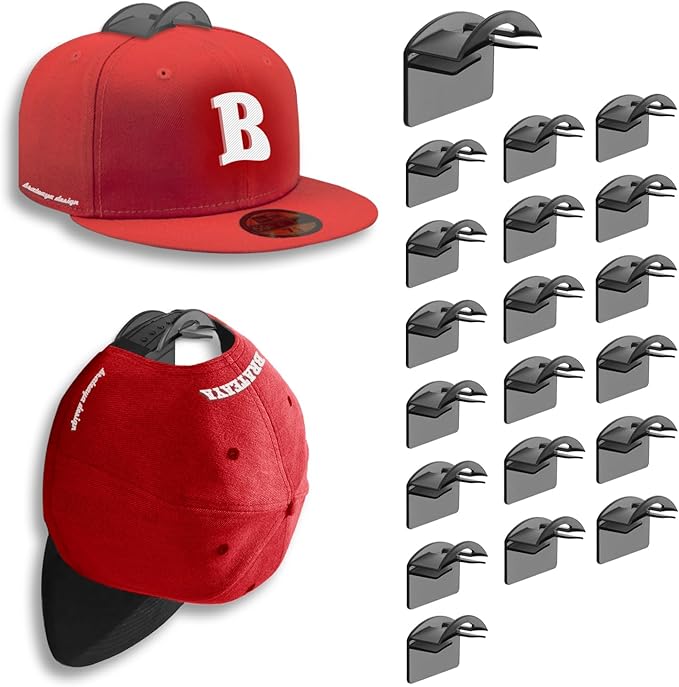 Hat Hangers for Wall, Stronge Adhesive Hat Holders Display, No Driling Caps Holder Organizer, 20 Pack Hat Hook for Baseball Caps, Wall Mounted Cap Rack, Translucent Black