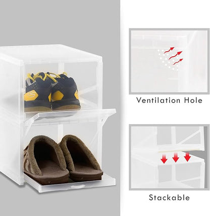AJP Distributors 6-Pack Push-Pull Drawer Type Stackable Shoe Storage Container Box Organizer with 120° Lids for Home Closet & Entryway Sneakers Shoes Cabinet Bins Transparent Plastic Boxes Set (Clear)