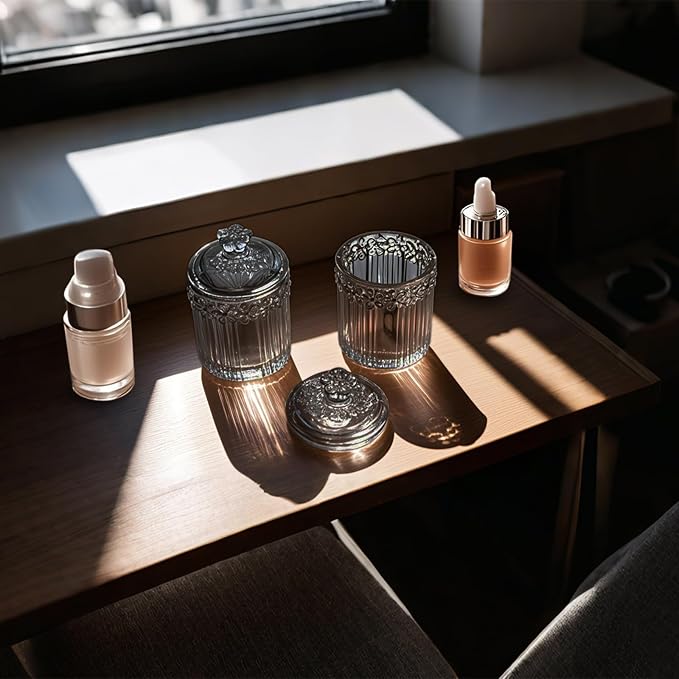 2 Pack Q-tip Holder Glass Apothecary Jars with Lids 3.35" Wide, 4.92" Height Stylish and Functional Storage for Bathroom or Vanity, Grey