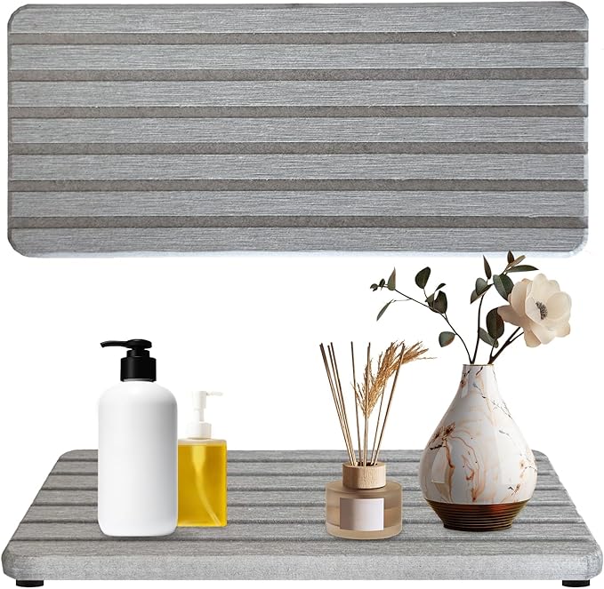 2PCS Fast-Dry Diatomite Sink Tray Set, Ultra Absorbent Soap Holder & Coaster with Non-Slip Feet & Grooved Design, Bathroom Kitchen Countertop Organizer, 8.3x4 Inches (Grey)