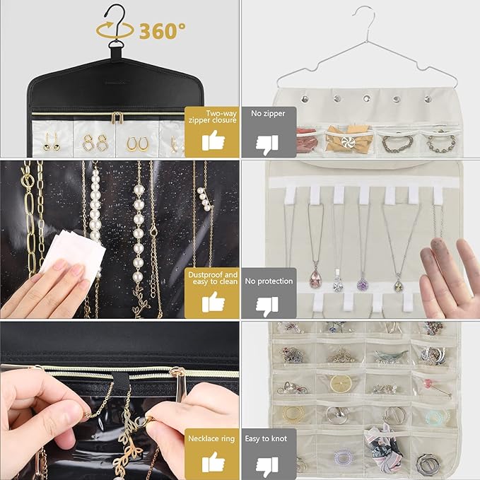 CHICECO Travel Jewelry Holder Organizer,Hanging Jewelry Organizer Storage With Zippered Pockets for Cloest,Wall,Door,Jewelry Holder for Earrings, Necklaces（Beige Black）