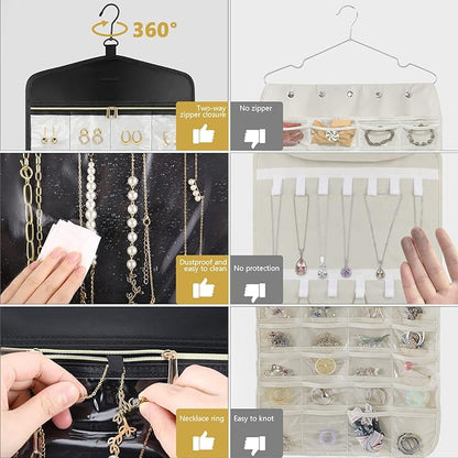 CHICECO Travel Jewelry Holder Organizer,Hanging Jewelry Organizer Storage With Zippered Pockets for Cloest,Wall,Door,Jewelry Holder for Earrings, Necklaces（Beige Black）