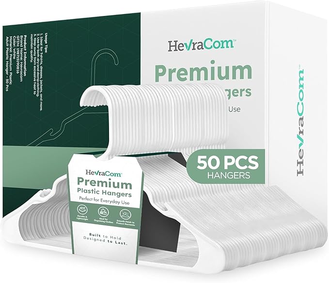 HevraCom White Plastic Hangers 50 Pack - Strong & Durable Non Slip Clothes Hangers for Closet, Space Saving Coat and Pant Hanger with Shoulder Grooves, Clipless Design