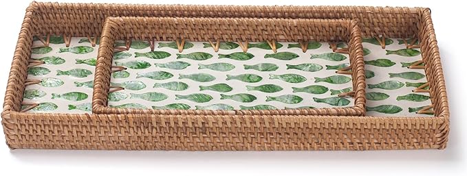 2 Pack Rattan Bathroom Vanity Tray with Mother of Pearl Inlay, Toilet Tank Tray, Toilet Basket Tank Topper, Bathroom Basket for Organizing and Decor (Green Fish)