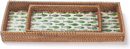 2 Pack Rattan Bathroom Vanity Tray with Mother of Pearl Inlay, Toilet Tank Tray, Toilet Basket Tank Topper, Bathroom Basket for Organizing and Decor (Green Fish)
