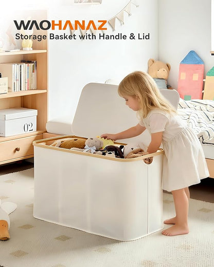 Storage Basket with Lid and Handles, 135L Fabric Bin with Divider for Shelf, Closet, Toy Organization, Collapsible Storage Organizer for Home, White
