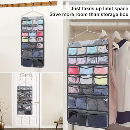 Dual Sided Hanging Organizer for Jewelry Makeup Storage Closet Organizers for Bows Socks Underwear with 42 Clear Pockets (GREY)