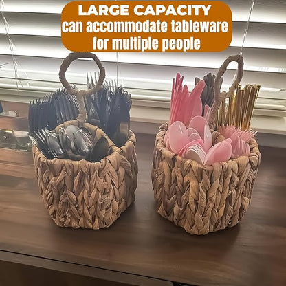 Hiceeden 2 Pack Woven Silverware Caddy with Handle, Natural Water Hyacinth Flatware Holder Organizer with 3 Compartments, Wicker Utensil Basket Cutlery for Kitchen Countertop, Picnic, Party, Hexagon