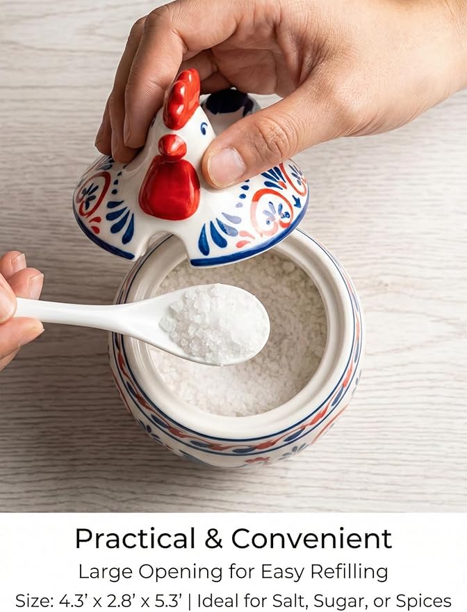 Ceramic Salt Cellar with Lid and Spoon 13oz Large Chicken Rooster Cookie Jar Salt Containers Holder for Counter, Coffee, Sugar, Spices and Candies Holder Ideal for Easter Day Home Kitchen Decor (Blue)