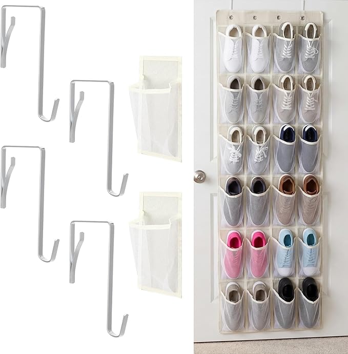 Batiyeer Over the Door Shoe Organizer Cotton Material 24 Large Breathable Mesh Pockets with 4 Pcs Hooks Closet Rack Hanger Holds up to 40 Lbs Space Saving Hanging Storage Holder