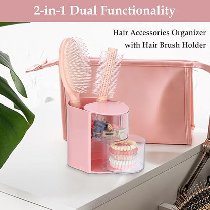 Plastic Hair Accessories Organizer with Brush Holder Rotating Makeup Container Jewelry Storage Box for Vanity Bathroom Countertop, 2-Layer Pink