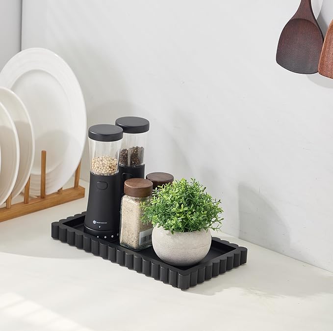 Scalloped Bathroom Vanity Tray for Countertop- Small Concrete Modern Industrial Minimalist Counter Vanity Organizer Tray for Dresser- Decorative Tray-11.8"L x 6.37"W x 1"H- Charcoal Black- Water-proof