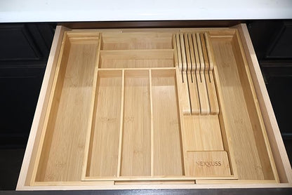 Nexxuss Bamboo Kitchen Drawer Organizer, Expandable Utensil Organizer with Removable Knife Block, Cutlery Tray Holder with Divider, Adjustable Silverware Organizer, Wood Tableware Dividers Storage