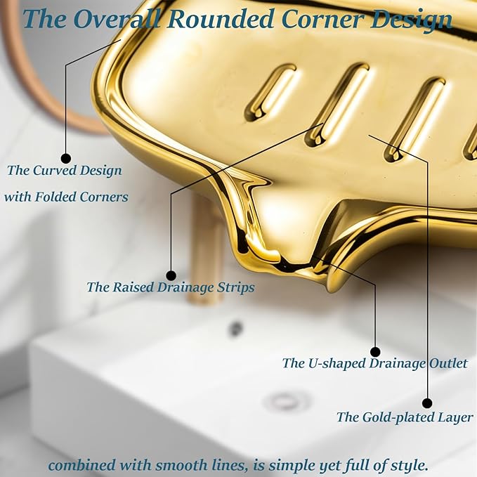 Gold-Plated Ceramic Soap Dish, Self-Draining Bar Soap Holder with U-Shaped Drainage, Decorative Soap Tray for Bathroom Shower & Kitchen Sink