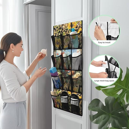 Over The Door Storage Organizer Closet Door Hanging Organizer with 12 Mesh Pockets, Stuffed Animal Storage for Toys Sundries Organizers and Storage,Rooster Leopard