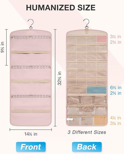 BAGSMART Hanging Jewelry Organizer, Necklace Holder Anti-tangle Earrings Rings Hanger with 20 Jewelry Bags Travel Storage Roll with Pockets Hang on Closet, Wall, Door,1 Piece, Large Pink