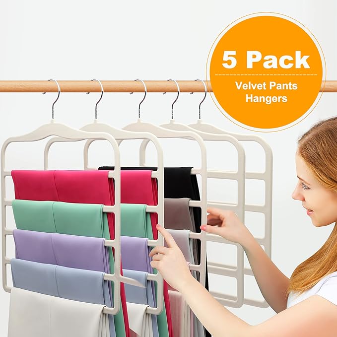 Closet Organizers and Storage,5 Pack Velvet Pants-Hangers-Space-Saving,Non Silp 5 Tier Organization-and-Storage Clothes-Hanger for College-Dorm-Room-Essentials,Closet-Organizer for Jeans Scarf Hanger
