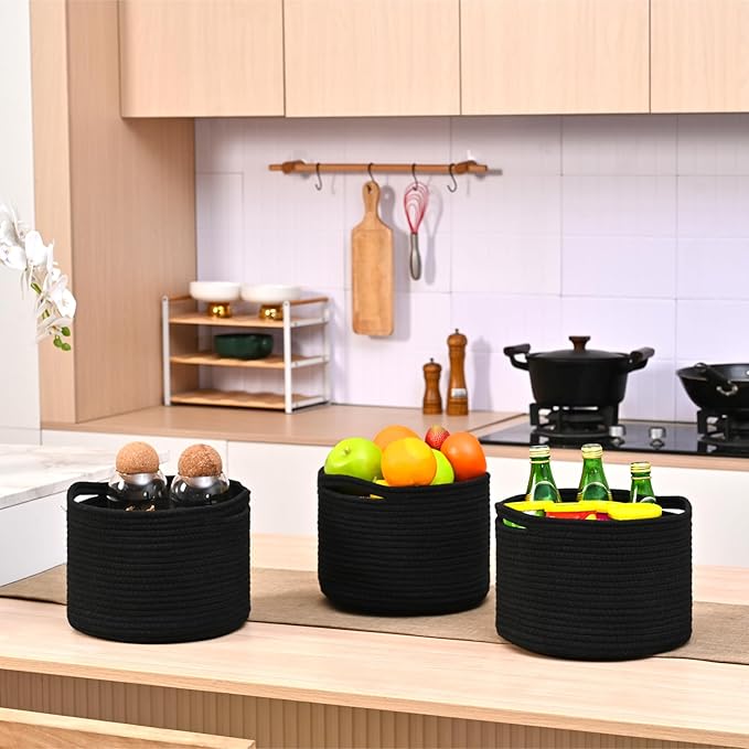 ICERZCZ Small Black Baskets for Organizing, Storage Baskets for Shelves, Small Woven Basket for Storage, Cute Basket for Gifts, Mini Cotton Rope Baskets, 9.7"×9.7"×7" (3 Packs) Black