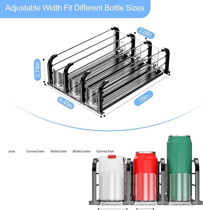 Automatic Drink Organizer for Fridge, Refrigerator Soda Can Dispenser & Beverage Pusher Glide for Pantry, Cooler & Kitchen, Self-Pushing Drink Holder for Soda, Beer, Seltzer - Black, 3 Rows-15"D