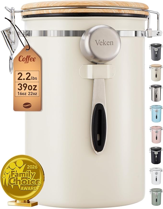 Veken Coffee Canister, 39OZ Large, Mothers Day Gifts For Women, Airtight Stainless Steel Food Storage Container for 2.2lbs Coffee Beans, Ground, Sugar, Tea, Flour, Cereal,Kitchen Bar Accessories,Cream