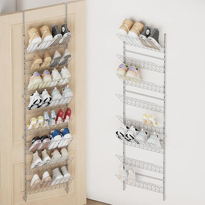 SWTYMIKI Over the Door Shoe Organizer - Adjustable 8 Tier Hanging Shoe Rack Organizer, Metal Heavy Duty Behind Door Storage or Wall Mount Shoes Shelf for Flats, Heels, Sneakers, Boots, Silver