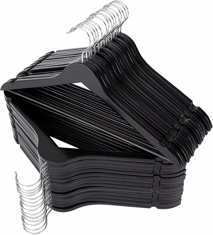 Solid Wooden Hangers 30 Pack, Wood Suit Hangers with Extra Smooth Finish, Precisely Cut Notches & Chrome Swivel Hook, Wooden Clothes Hangers for Shirt Coat Jacket Dress, Black