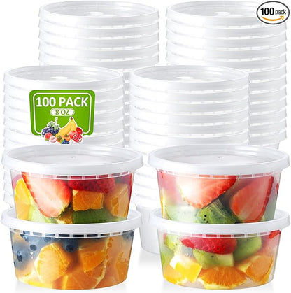 NEEBAKE 100 Set 8 oz Deli-Containers-with-Lids-Airtight-Plastic-Food-Storage-Containers-with-Lids-Soup-Slime-Overnight-Oat-To-Go-Containers