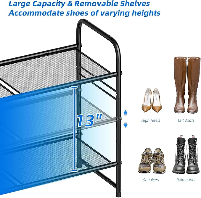 Standard Shoe Rack 3-Tier 32.5 Inches Wide,Shoe Organizer for Indoor Outdoor | Adjustable Metal Mesh Shelf Ideal for Home Entryway Closet & Garage Balcony | Black