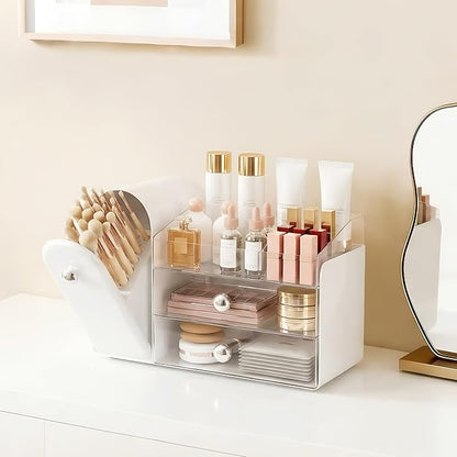 lurcns Makeup Organizer with Dustproof Brush Holder for Vanity, Large Cosmetics Organizer and Bathroom Countertop Skincare Storage with 2 Clear Drawers for Lipstick, Perfume, Eyeshadow Palettes,White
