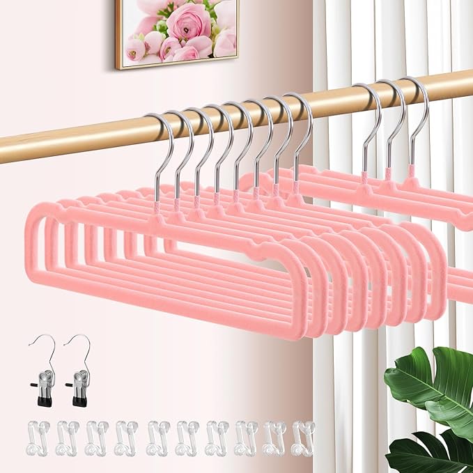 14 Inch 30 Pack Velvet Pants Hangers Non Slip,Slim Felt Jean Hangers with 10 Hooks and 2 Clips,Strong Durable Thin Space Saving Clothes Hanger with 360°Swivel Hook for Shorts,Skirts Bra(Pink)
