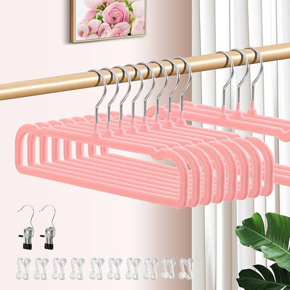 14 Inch 30 Pack Velvet Pants Hangers Non Slip,Slim Felt Jean Hangers with 10 Hooks and 2 Clips,Strong Durable Thin Space Saving Clothes Hanger with 360°Swivel Hook for Shorts,Skirts Bra(Pink)