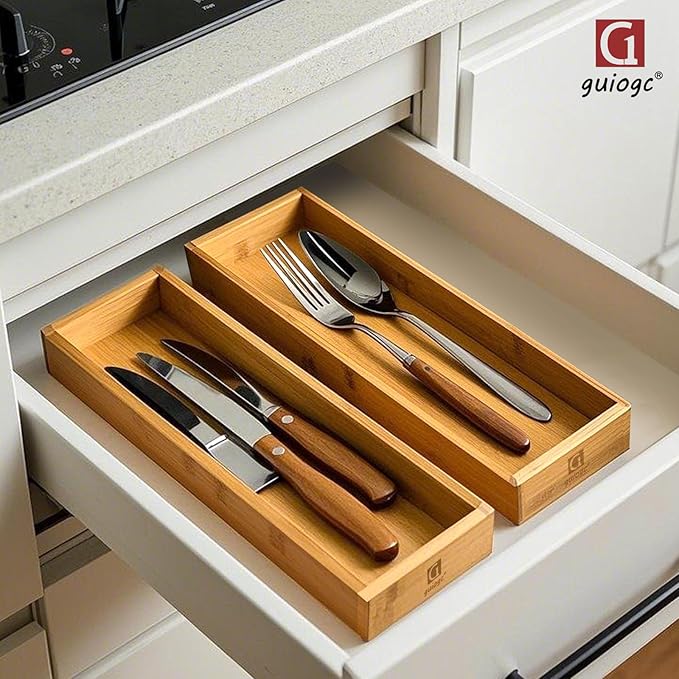 guiogc Bamboo Drawer Silverware Organizer, Flatware Organizers, Multi-purpose Bamboo Storage Box for Kitchen, Offices and Dressing table 11.5" x 3.15" x 1.8" (Set of 2)