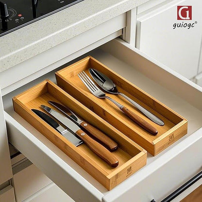 guiogc Bamboo Drawer Silverware Organizer, Flatware Organizers, Multi-purpose Bamboo Storage Box for Kitchen, Offices and Dressing table 11.5" x 3.15" x 1.8" (Set of 2)